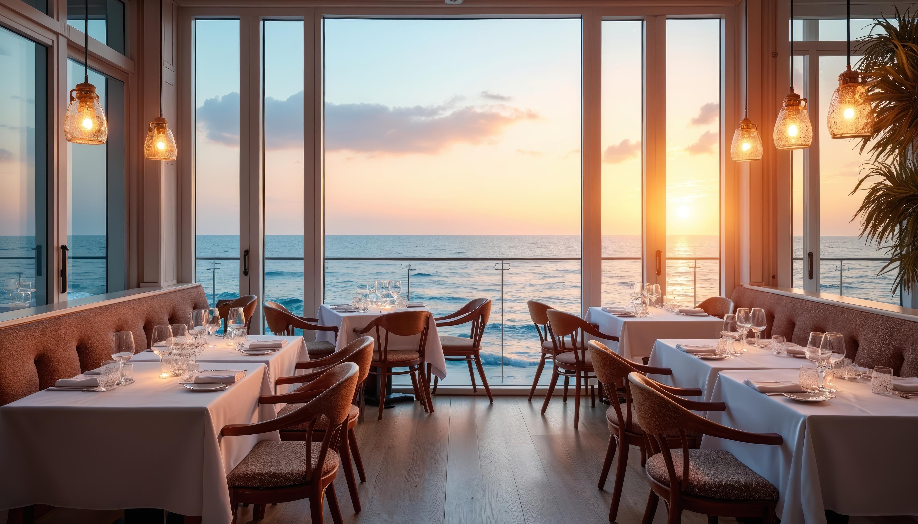 An upscale seaside hotel restaurant set for dinner with floor-to-ceiling windows at sunset.
