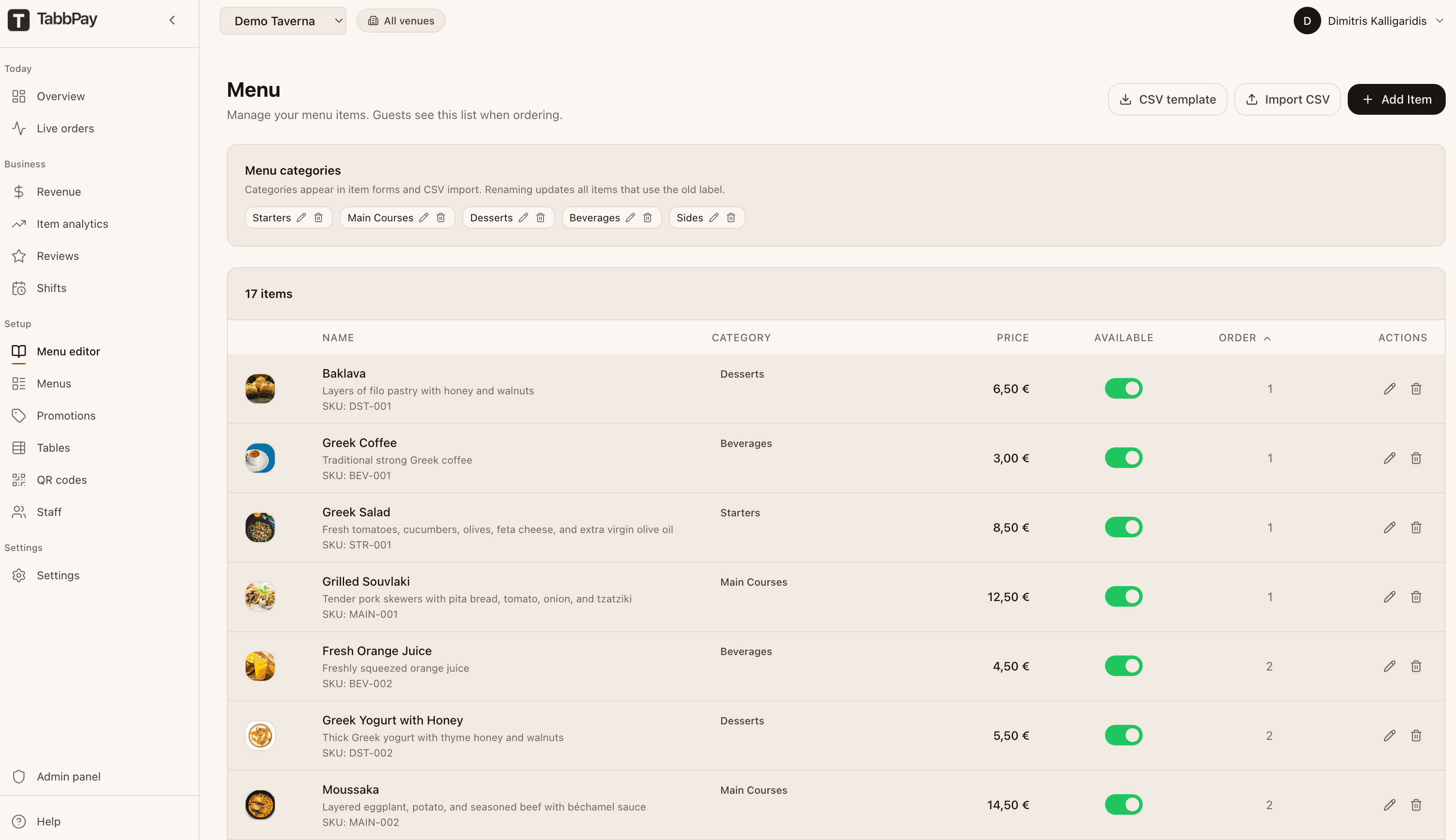 The TabbPay manager dashboard showing the menu for Demo Taverna with items, categories, and availability toggles.