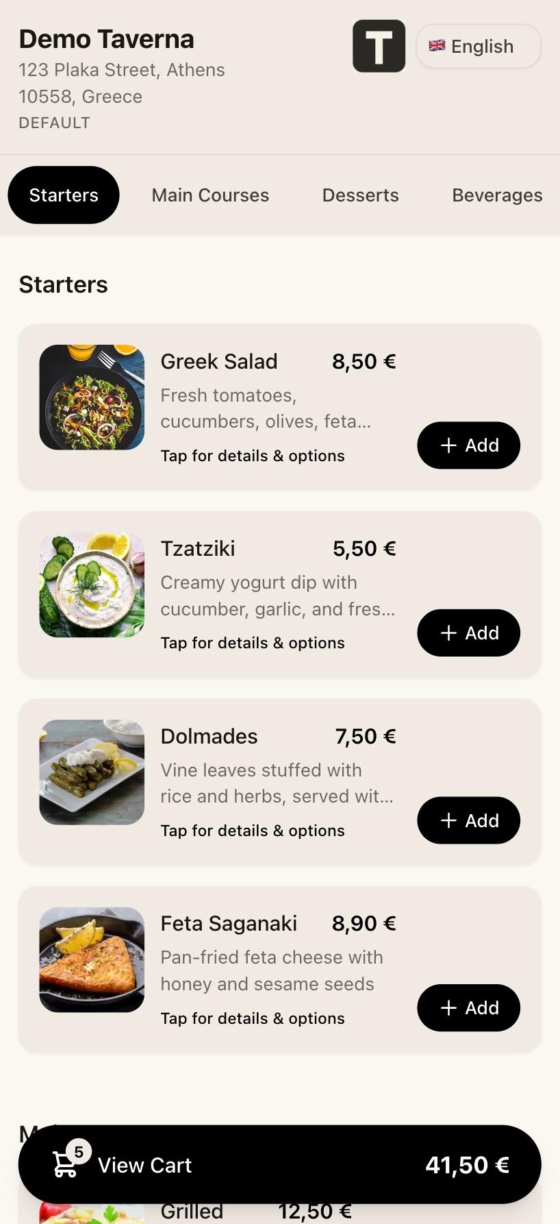 A guest viewing the Demo Taverna menu in TabbPay, with Greek dishes and prices in euros.