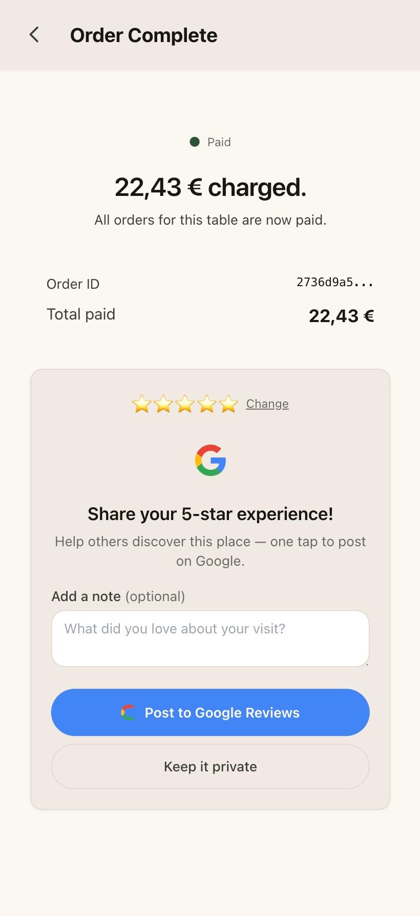 Payment success screen with the option to post a Google review.
