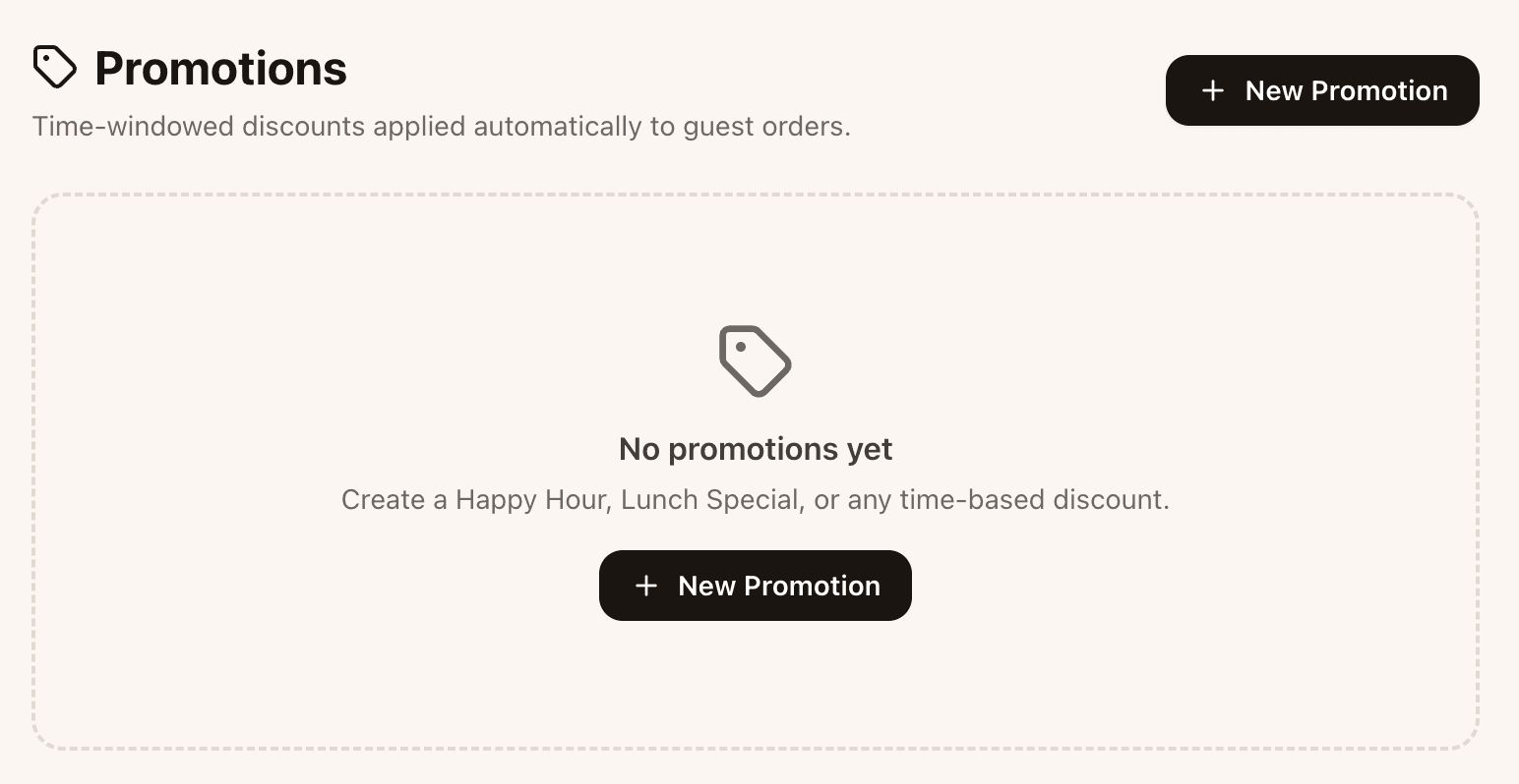 Promotions editor with item picker, discount, and time window.