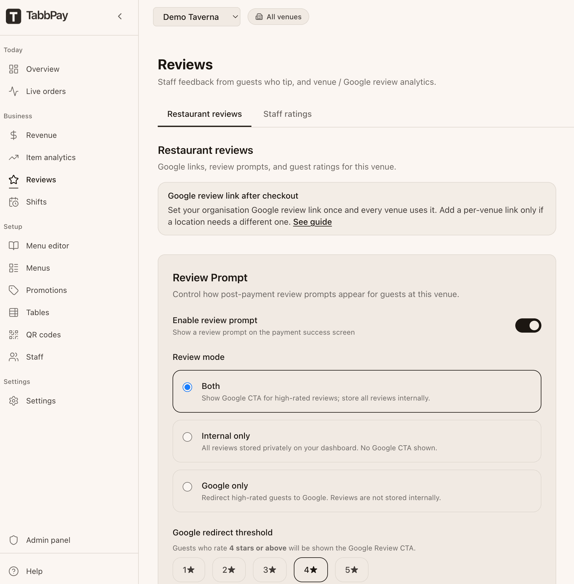 Reviews settings: choose Google redirect, internal-only, or both.