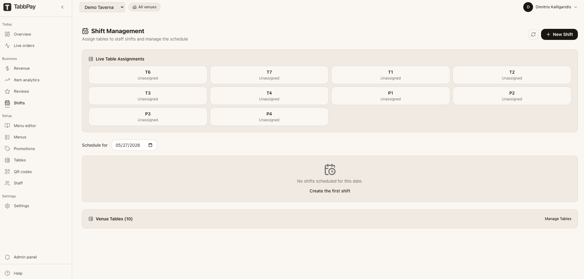 Staff shift management screen.