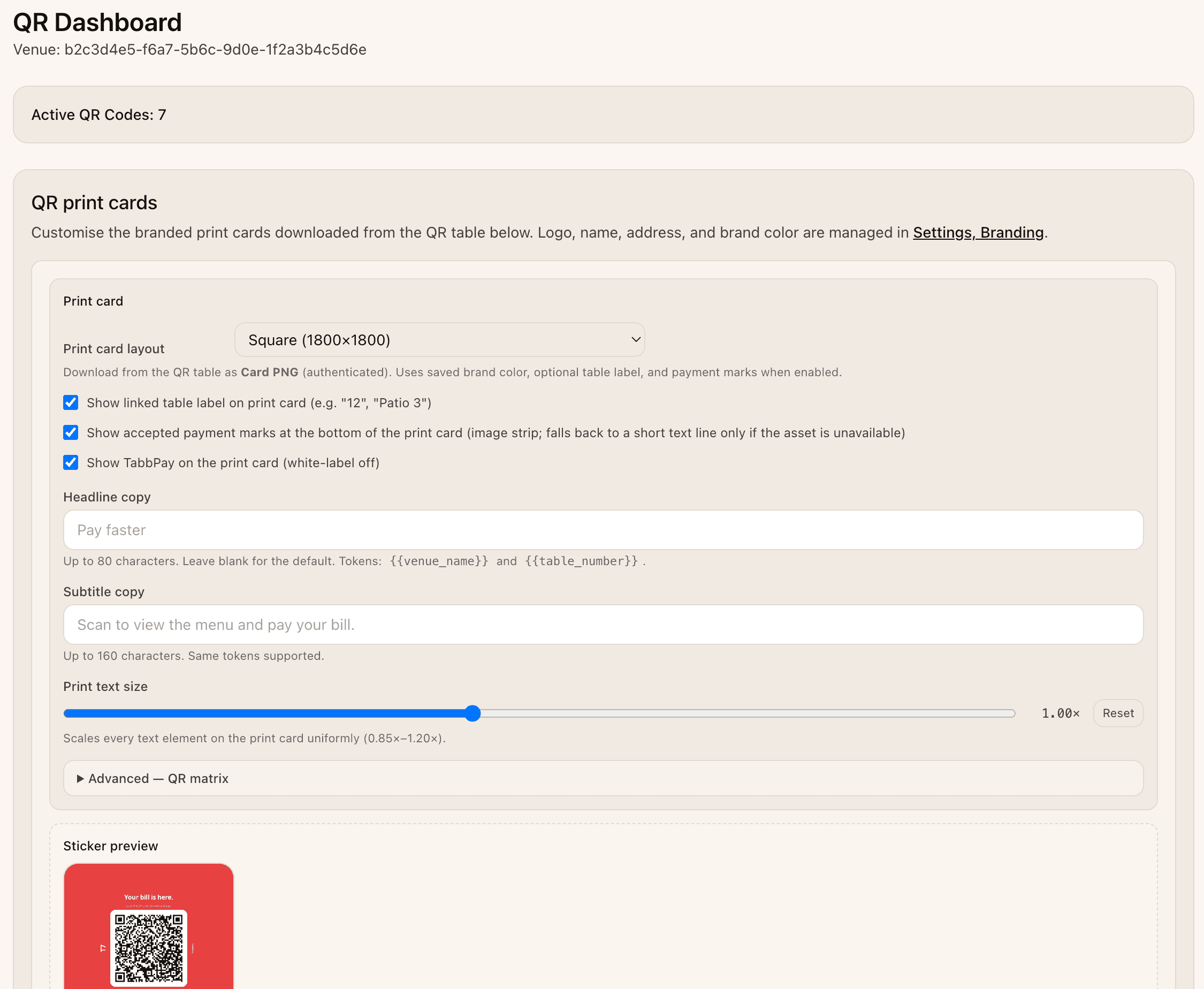 QR code settings with venue logo and download formats.