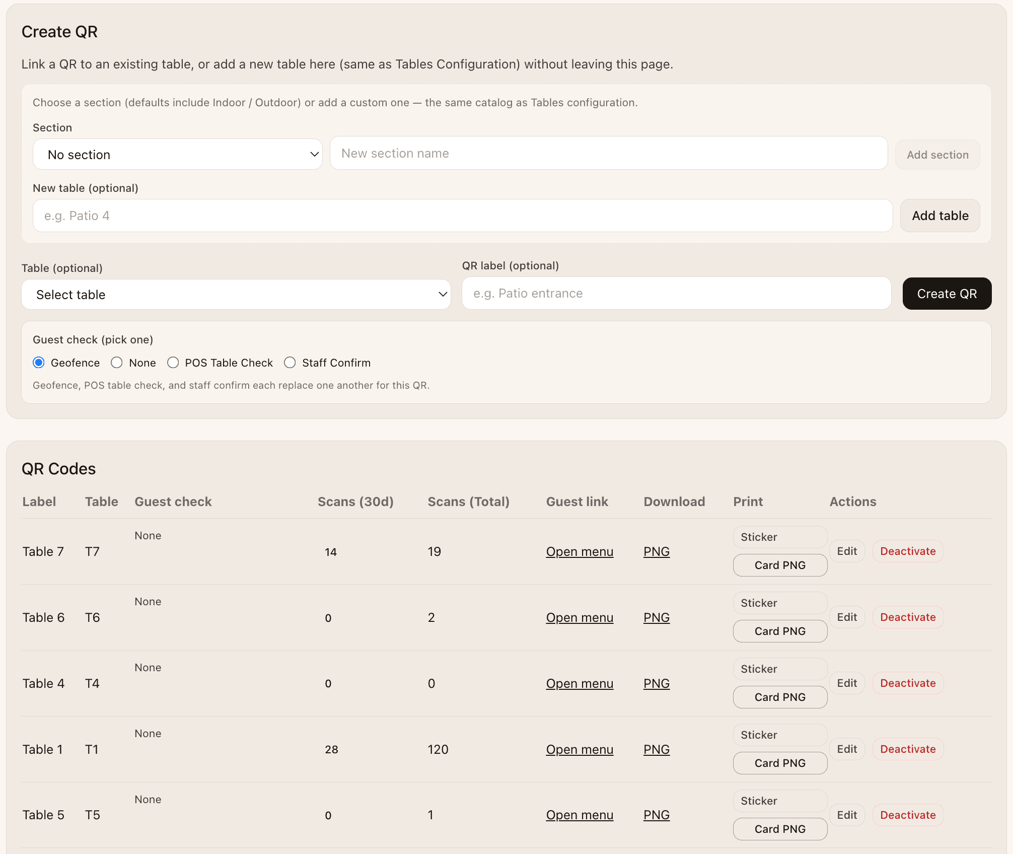 QR code creation, deletion, and reissuance per table.