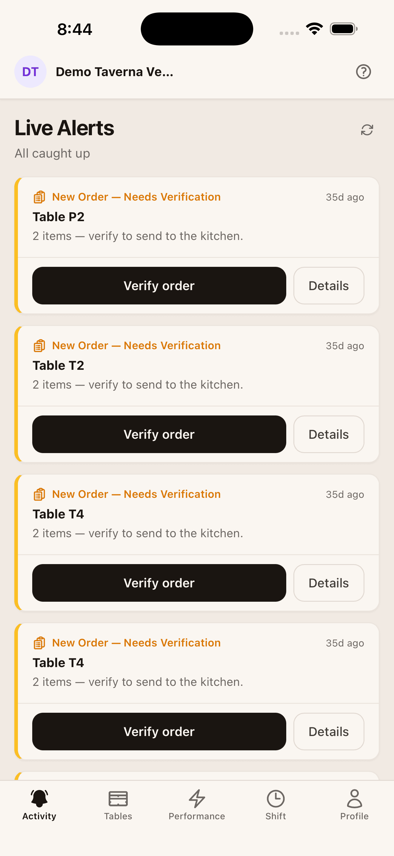 Staff app live activity feed showing incoming orders, tips, and ratings.