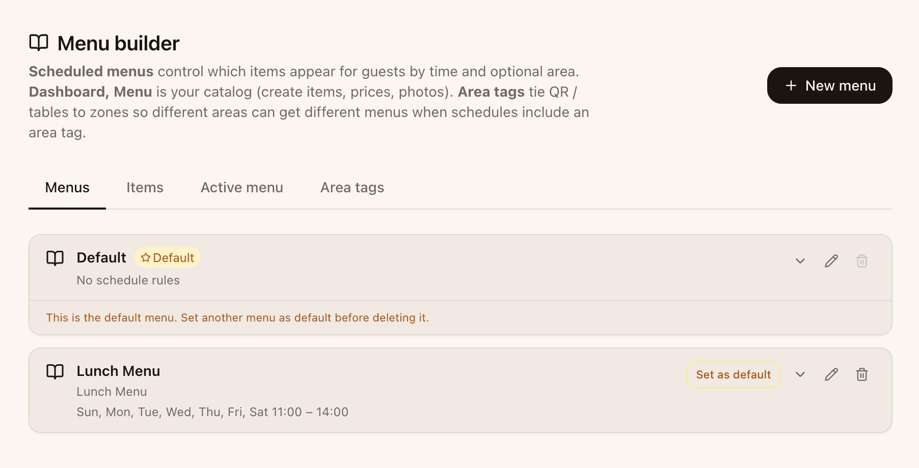 Menu builder showing default menu and rotation scheduling.